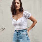 Sweetheart Contour Short Puff Sleeve Cropped Top